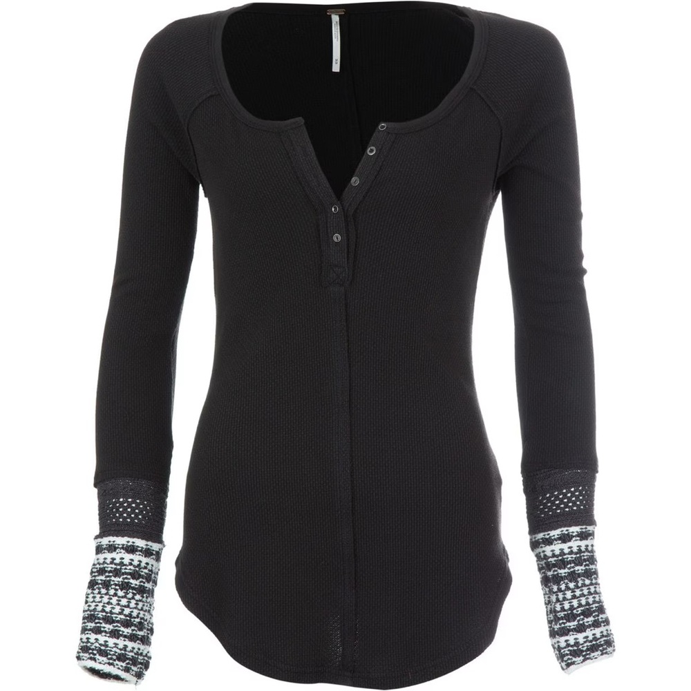 Free People Ski Lodge Newbie Cuff Black Stretch Henley Thermal Top - Size: Small